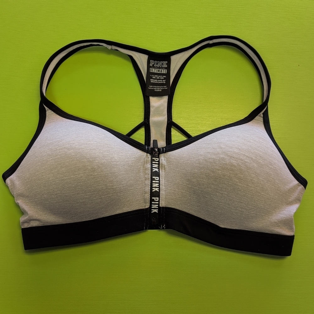 PINK Victoria's Secret White and Black Front-Zip Racerback Sports Bra